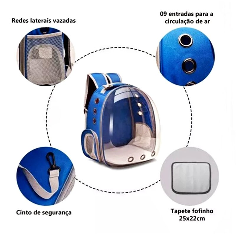 Bolsa Mochila Pet Cães e Gatos Visão Panorâmica Astronauta em Acrílico - QmaraShop