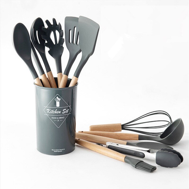 Kit C/ 12 Utensílios Cozinha Silicone Cabo Madeira - QmaraShop