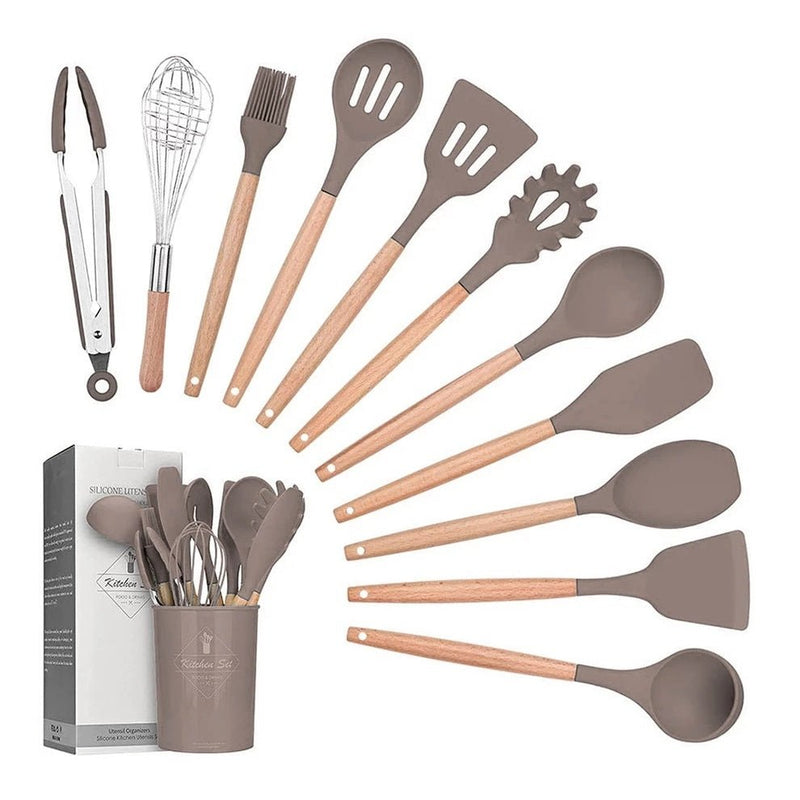 Kit C/ 12 Utensílios Cozinha Silicone Cabo Madeira - QmaraShop