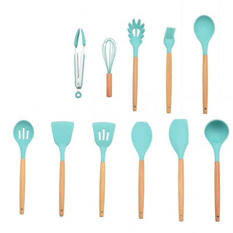 Kit C/ 12 Utensílios Cozinha Silicone Cabo Madeira - QmaraShop