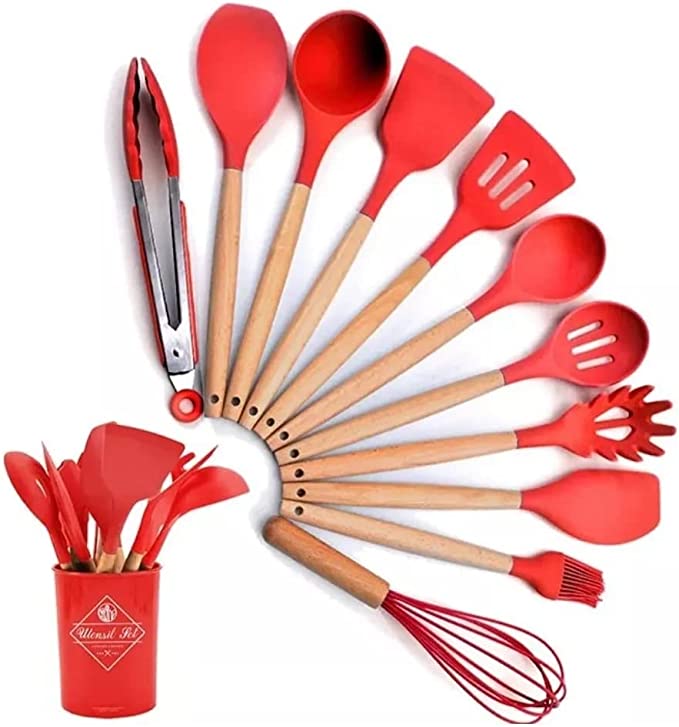 Kit C/ 12 Utensílios Cozinha Silicone Cabo Madeira - QmaraShop