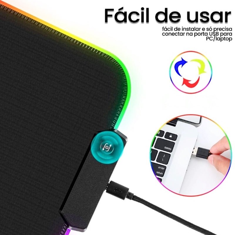 Mouse Pad Gamer Com Borda Iluminada LED RGB 7 Cores - 25cm x 35cm - QmaraShop